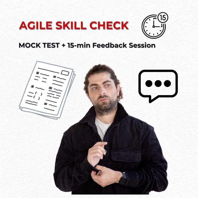 Agile Skill Check service banner featuring a half-body image of Art Grigoryan, icons for mock tests, a timer, and conversations, and the title 'Agile Skill Check' with the subtitle 'Mock Test & 15-min Feedback Session.