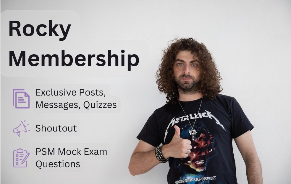 Rocky Membership image featuring Art Grigoryan in a Metallica rocker outfit, with icons for exclusive posts, quizzes, shoutouts, and mock exam questions. The image promotes the Rocky Membership tier.