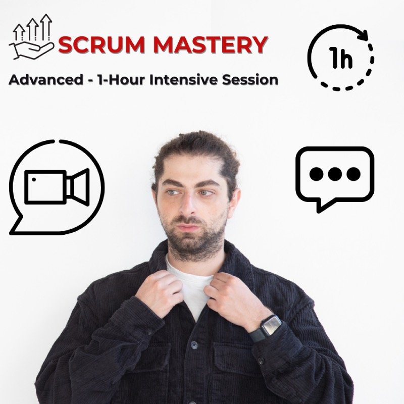 Scrum Mastery Advanced training service banner featuring Art Grigoryan, icons for a 1-hour timer, video call, conversation, and growth (hand with upward arrows), with the title 'Scrum Mastery' and subtitle 'Advanced - 1 Hour Intensive Session.