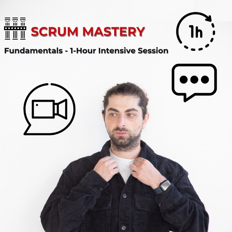 Scrum Mastery Fundamentals service banner featuring Art Grigoryan, icons for a 1-hour timer, video call, and conversation, with the title 'Scrum Mastery' and subtitle 'Fundamentals - 1 Hour Intensive Session.