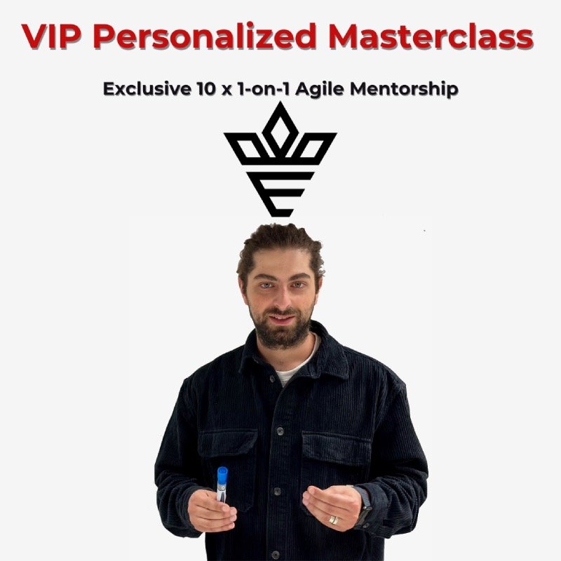 VIP Personalized Masterclass banner featuring Art Grigoryan, icons for VIP (diamond or trophy), with the title 'VIP Personalized Masterclass' and subtitle 'Exclusive 10 x 1-on-1 Agile Mentorship.