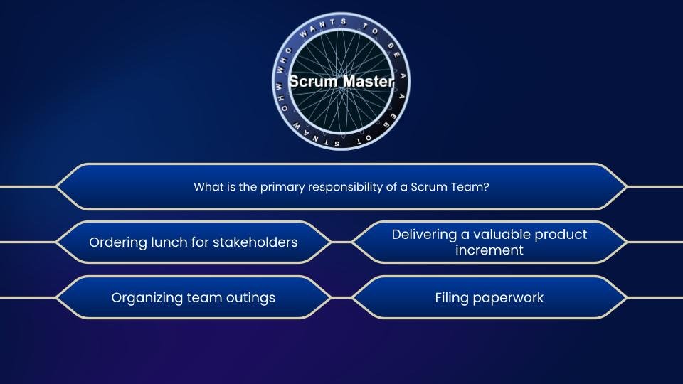 Quiz question styled like Who Wants to Be a Scrum Master, asking Question: What is the primary responsibility of a Scrum Team? A) Ordering lunch for stakeholders B) Delivering a valuable product increment C) Organizing team outings D) Filing paperwork Correct Answer: B) Delivering a valuable product increment